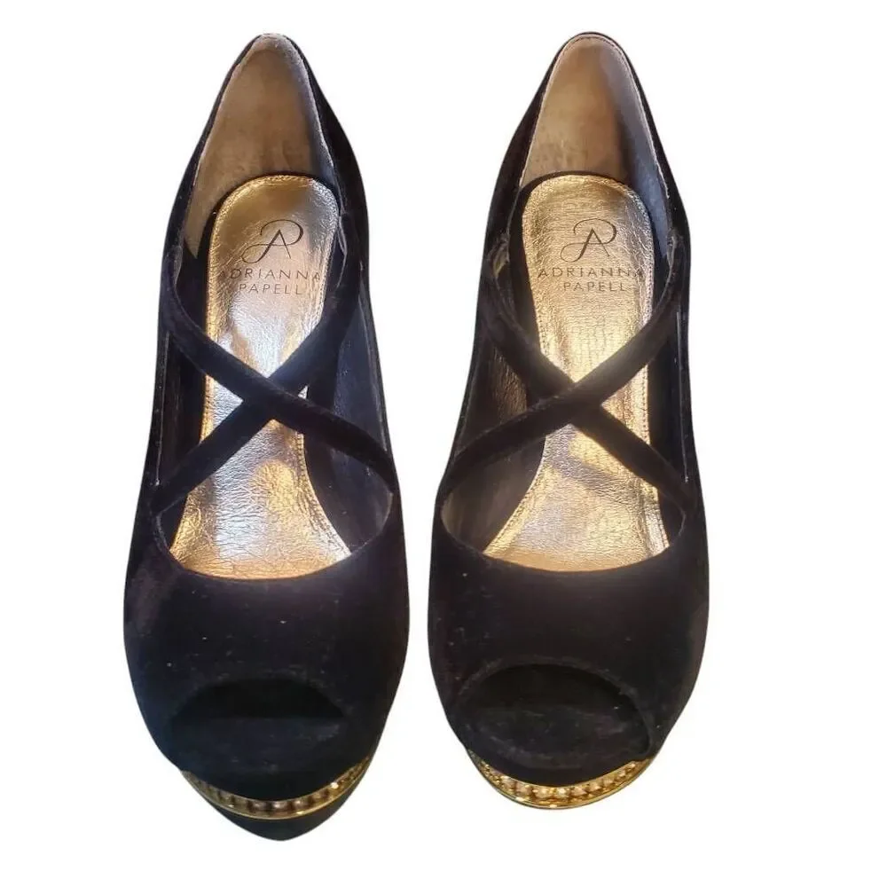 Adrianna Papell Women's Embellished Black Velvet Platform Leather Sole Heel Stil